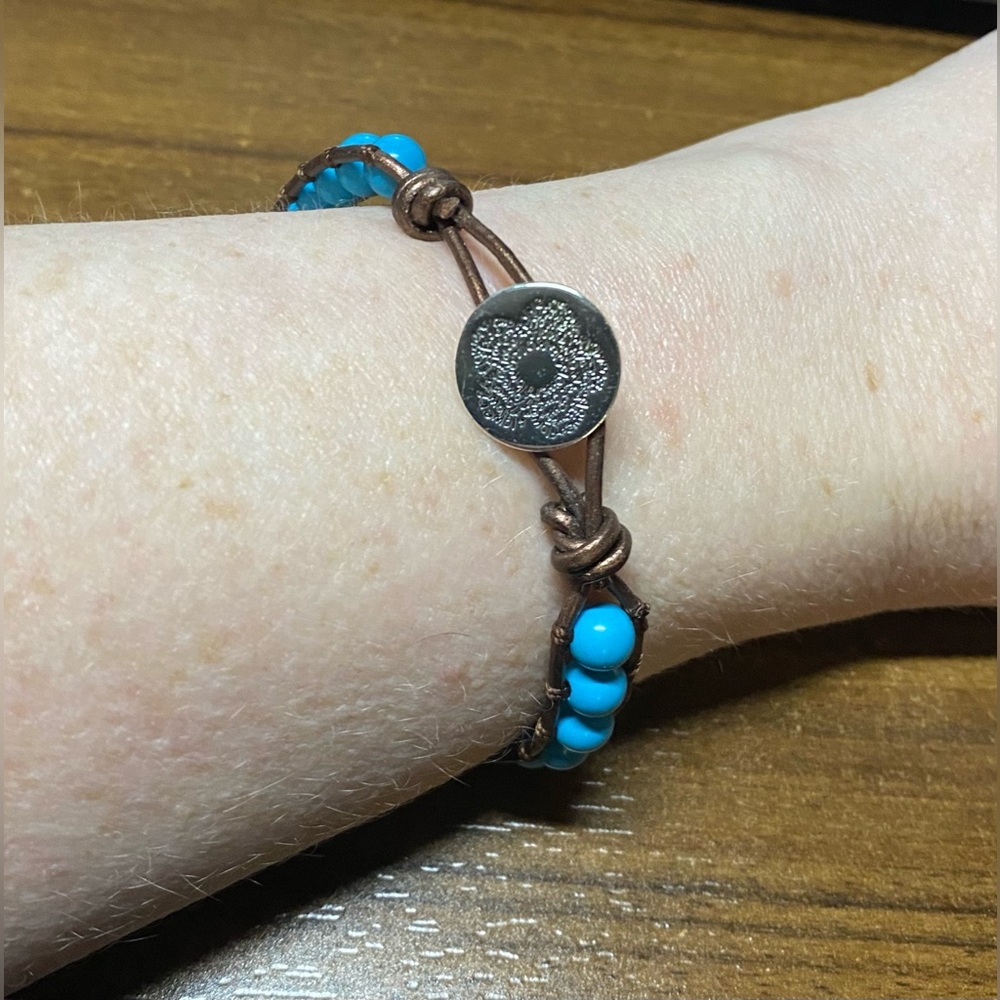 Sterling Silver Charm Closure Blue Beaded Bracelet With Metallic Bronze Cord